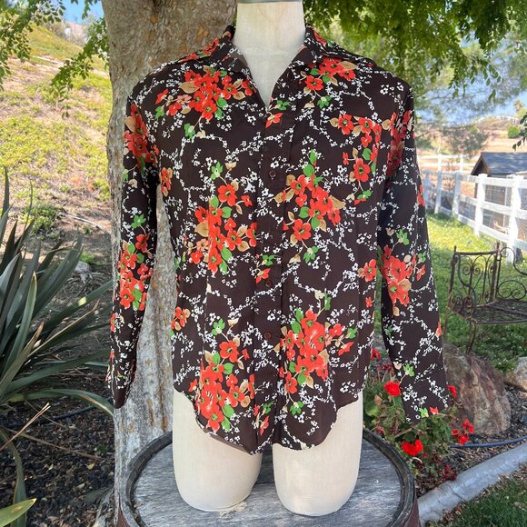 70's Funky Floral Print Shirt - Long Sleeve - Size Large - Cascade - Picture 1 of 10
